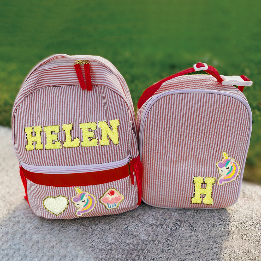 Personalized Chenille Patch Kids Seersucker Backpack & Lunch Bag