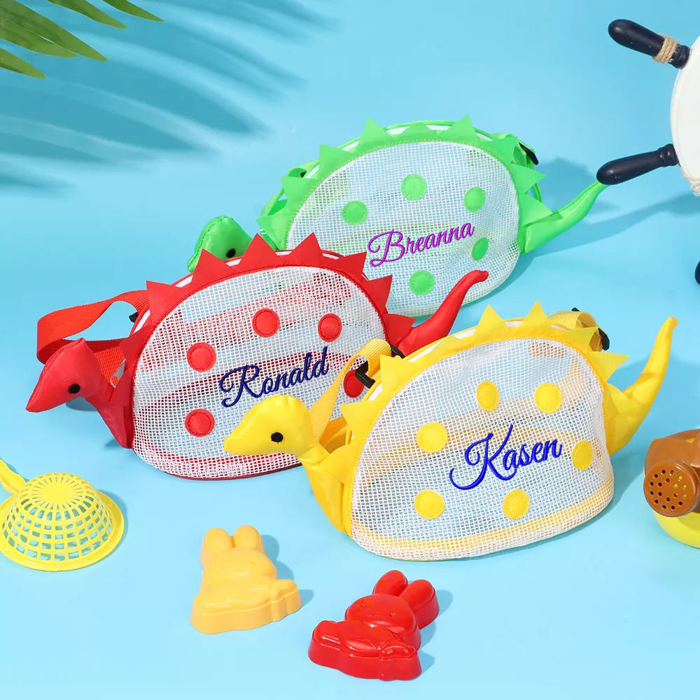 Personalized Embroidery Dinosaur Seashell Zipper Mesh Beach Bag | CWBeach102