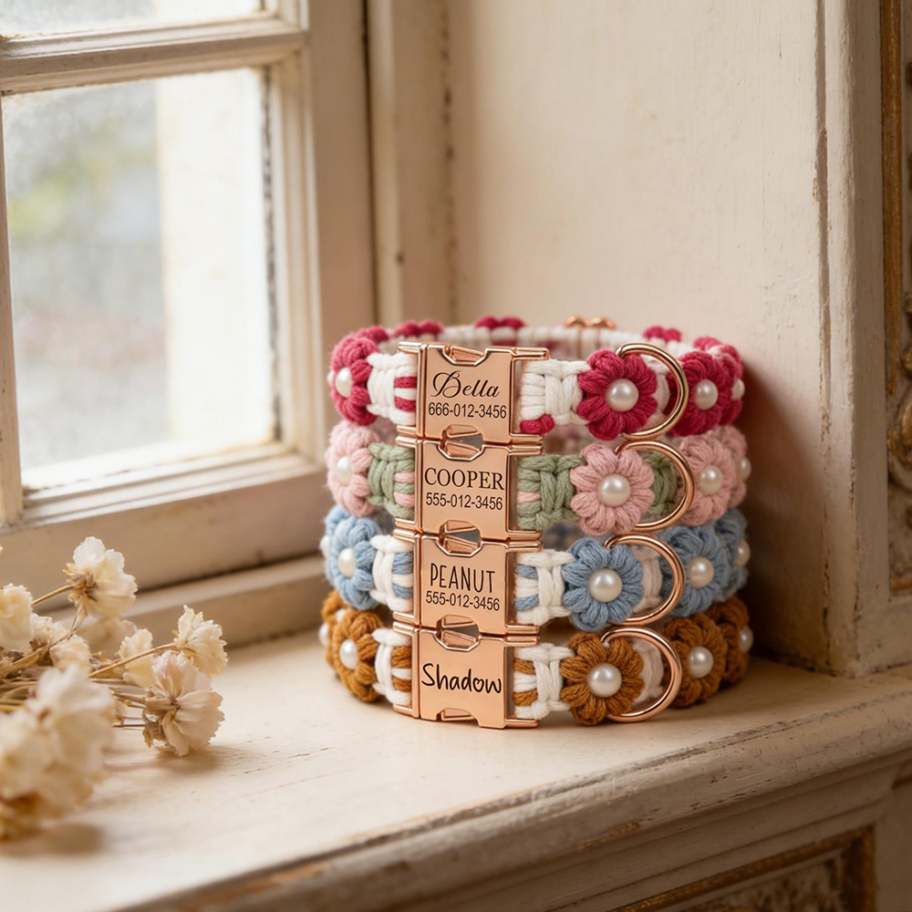 Personalized Handmade Macrame Flowers Pet Collar | BKPet457