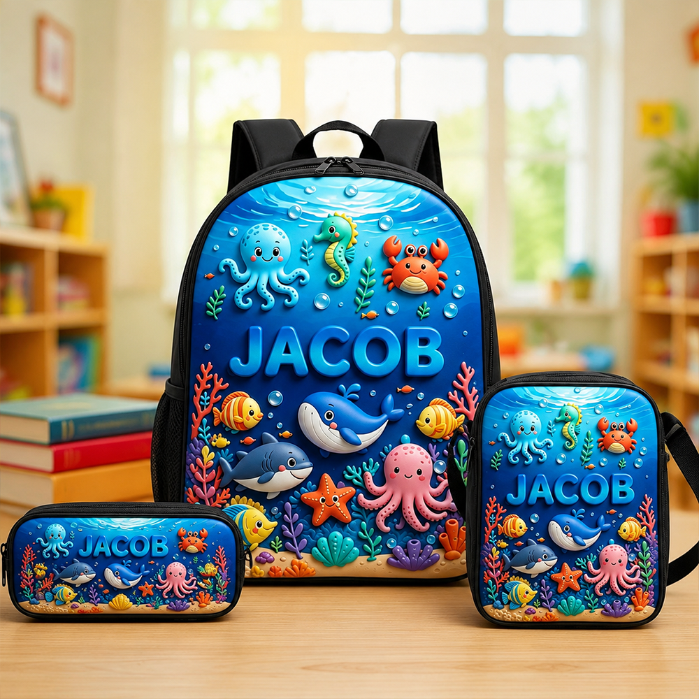 Personalized Kid Adorable Ocean Animals Backpack Set | CWPack383