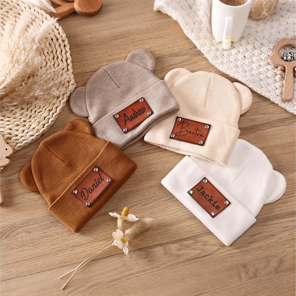 Personalized Leather Patch Kid Beanie Hat With Bear Ears | HSKid92