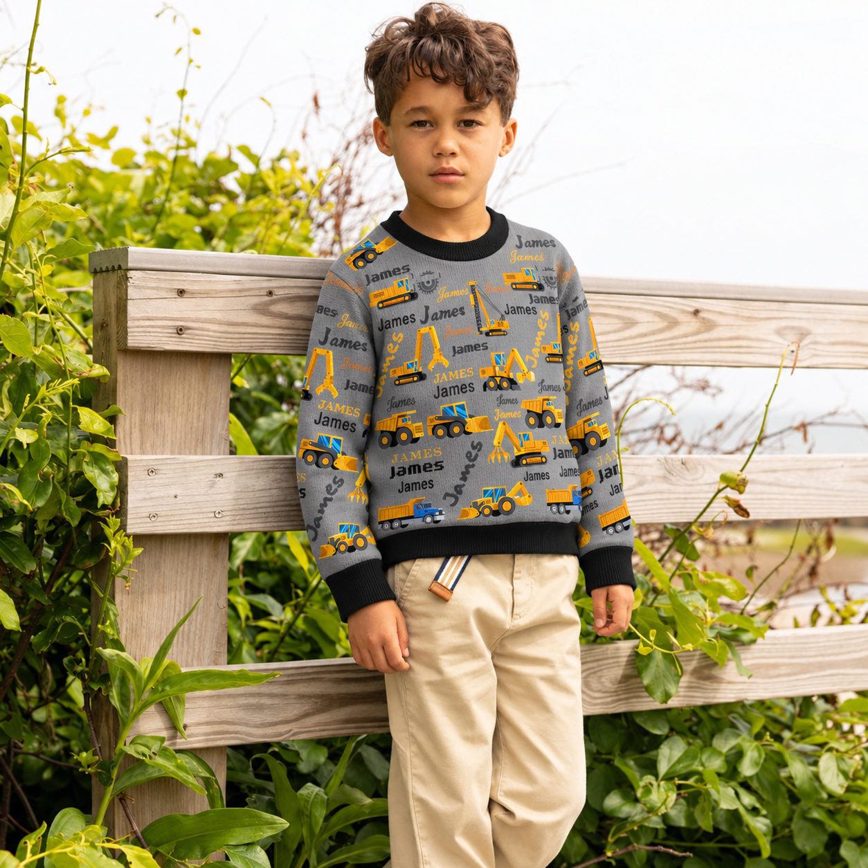 Personalized Lovely Kids Construction Vehicle Knit Sweater | CWSweater24