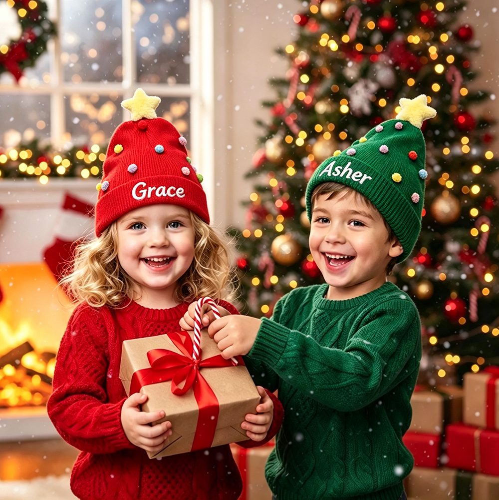Personalized Embroidery Christmas Pom Pom Beanie For Kids | MCGift416