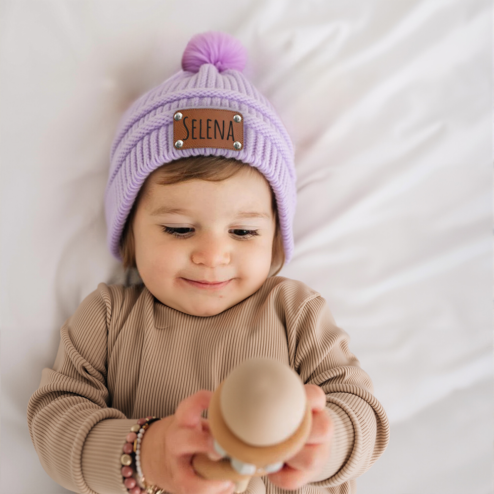 Personalized Leather Patch Kid Colorful Pom Pom Hat | HSKid63