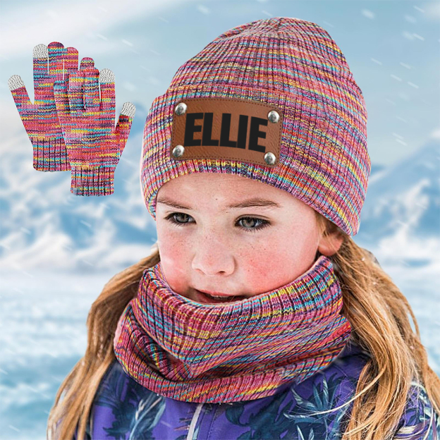 Personalized Leather Patch Kid Winter Hat Glove Scarf Set | HSKid69