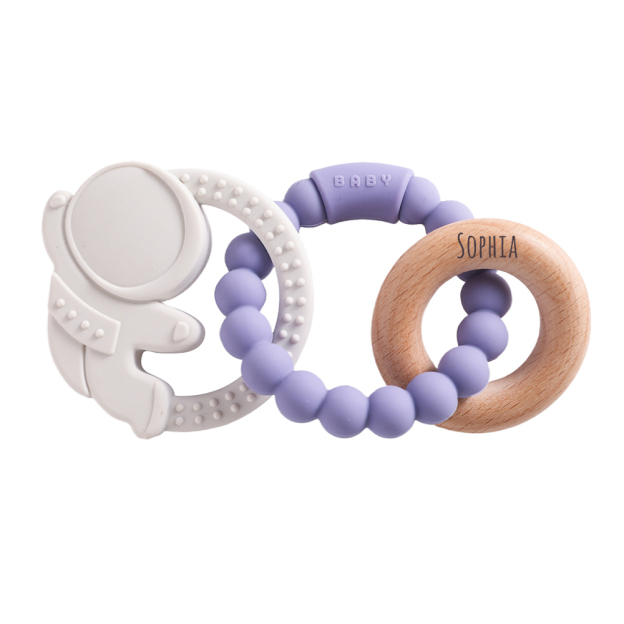 Personalised Baby Food Silicone & Wooden Sensory Teething Ring | CWToy162