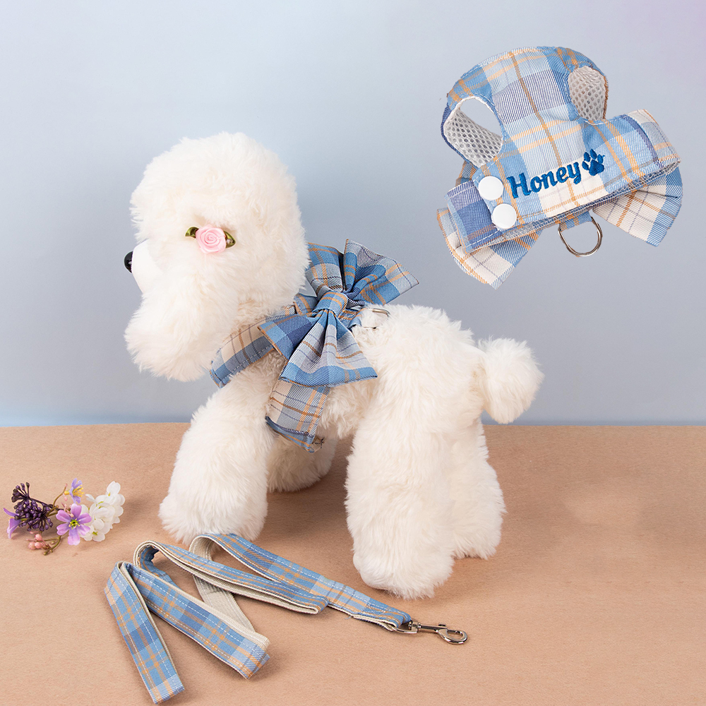 Personalized Embroidered Pet Harness Plaid Set  | BKPet299