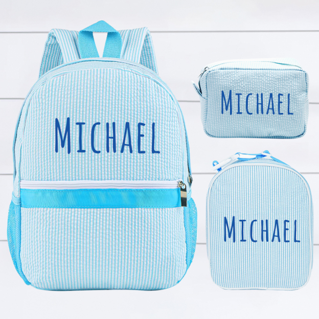 Personalized Chenille Patch Kids Seersucker School Backpack Set