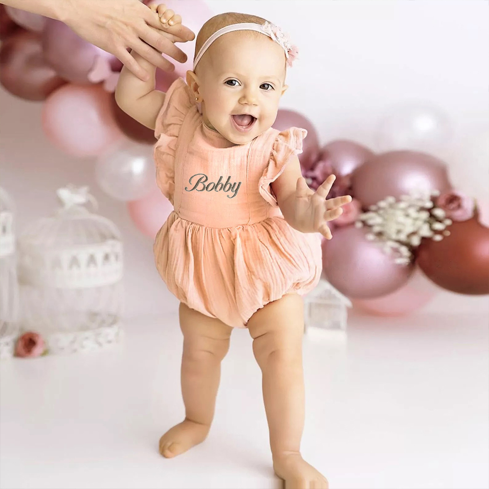 Personalized Embroidery Baby Organic Cotton Muslin Romper with Bow | inRomper35