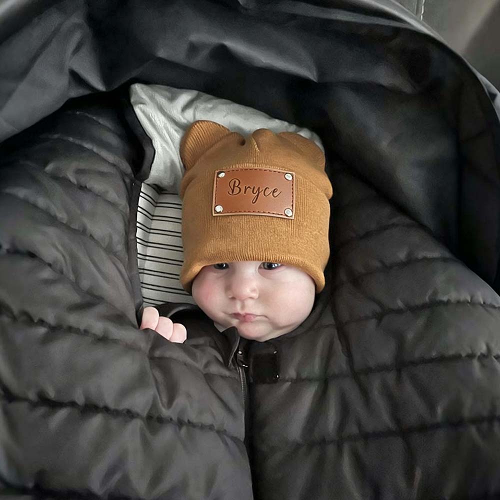 Personalized Leather Patch Kid Beanie Hat With Bear Ears | HSKid92