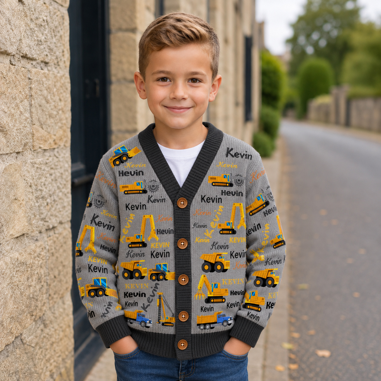 Personalized Lovely Kids Construction Vehicle Knit Sweater | CWSweater24