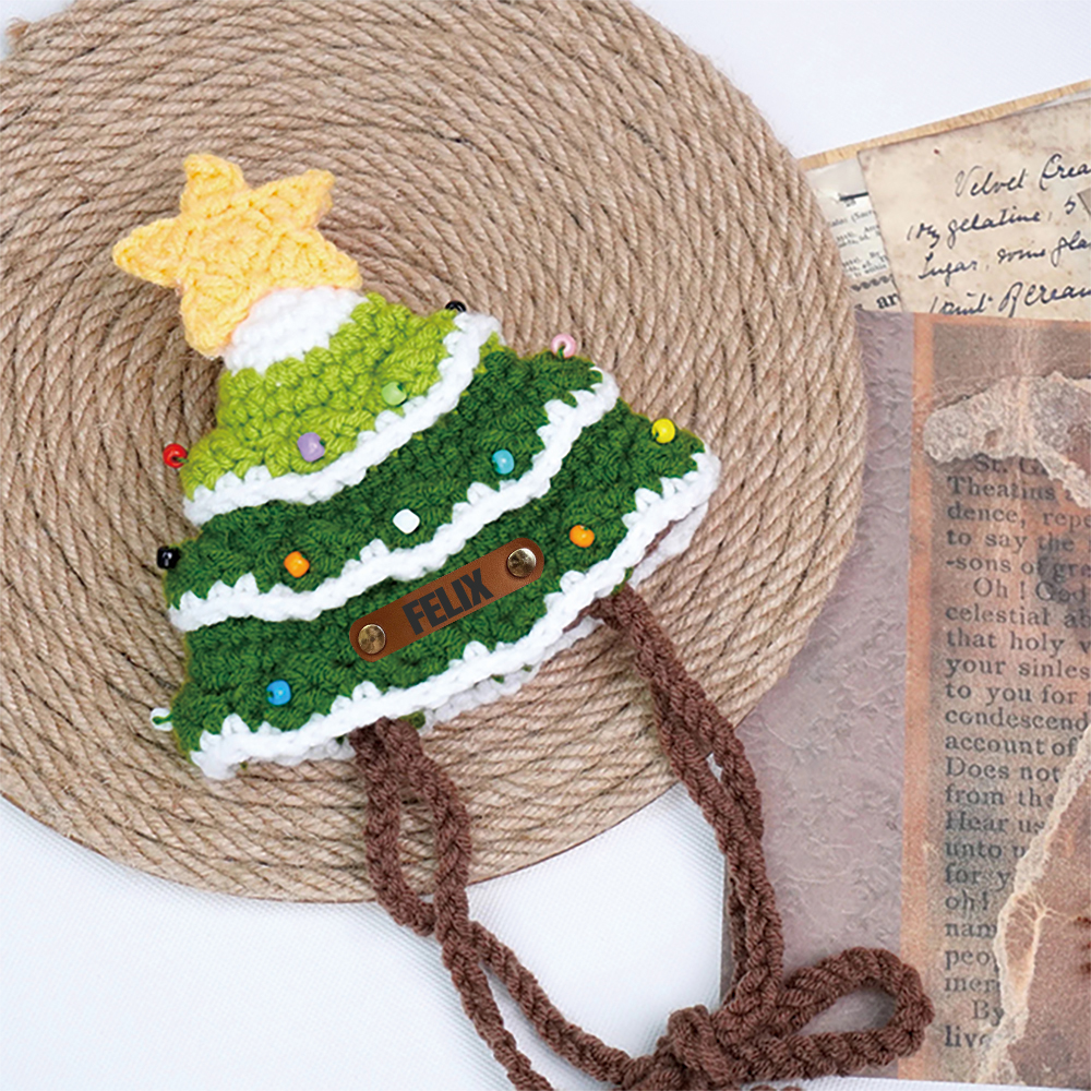 Personalized Crochet Leather Patch Christmas Tree Pet Hat | MCGift79