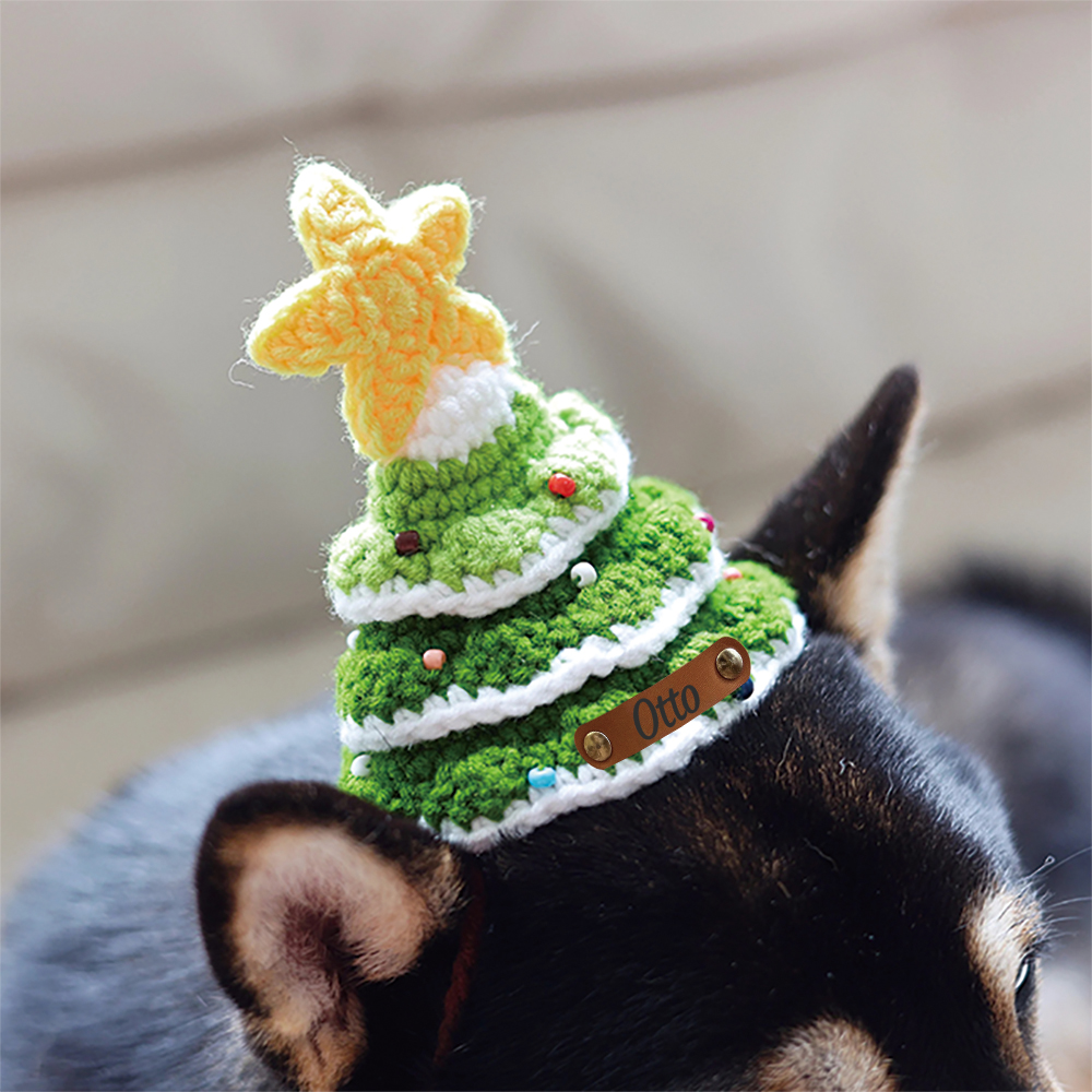 Personalized Crochet Leather Patch Christmas Tree Pet Hat | MCGift79