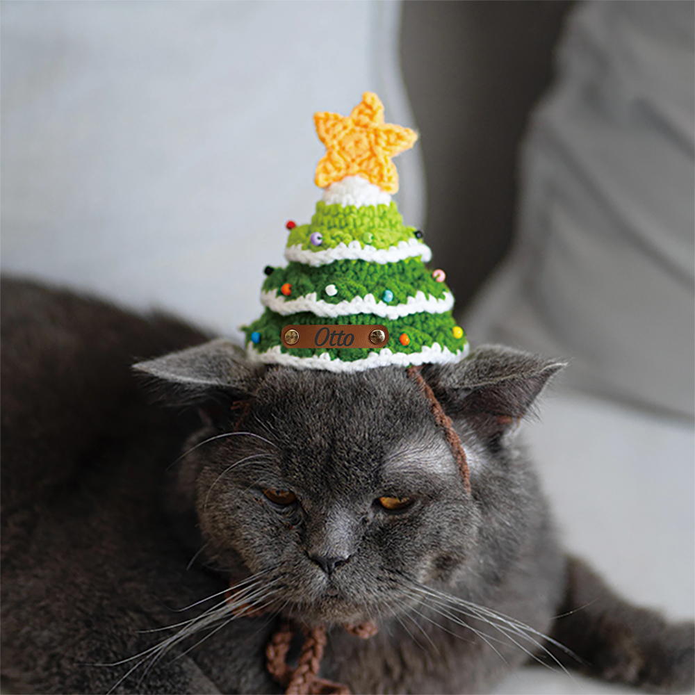Personalized Crochet Leather Patch Christmas Tree Pet Hat | MCGift79