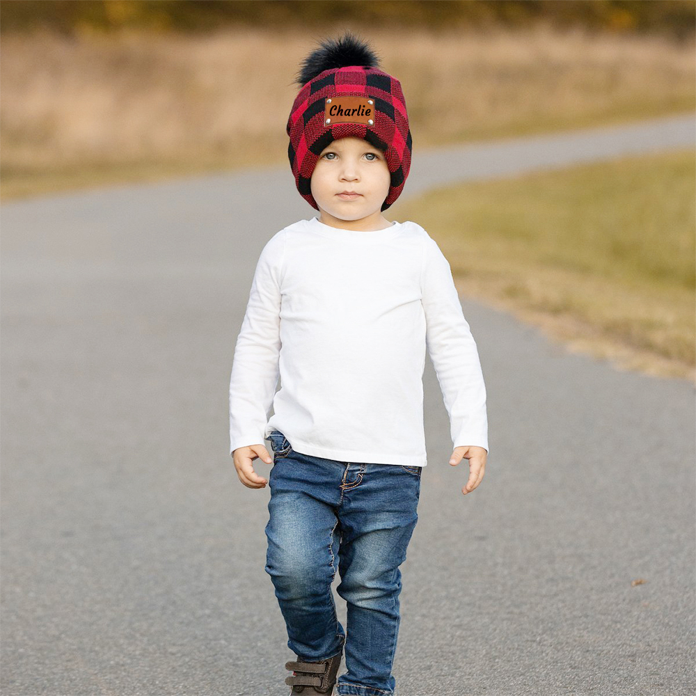 Personalized Leather Patch Pom Pom Hat for Comfort & Unique | HSKid53
