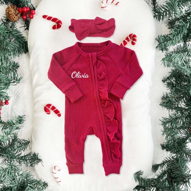 Personalized Baby Christmas Frill Zip Romper with Bow | CWBaby107