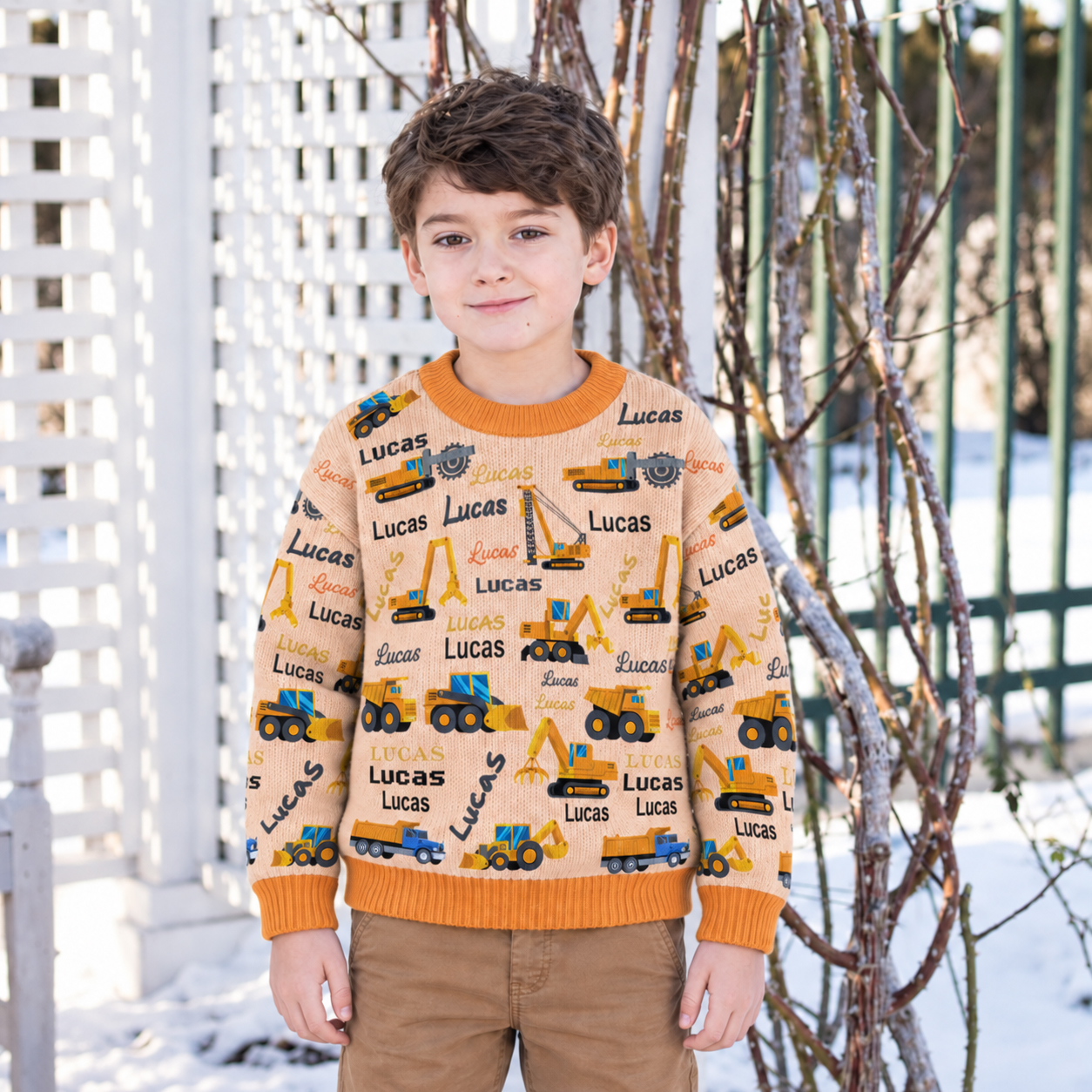 Personalized Lovely Kids Construction Vehicle Knit Sweater | CWSweater24