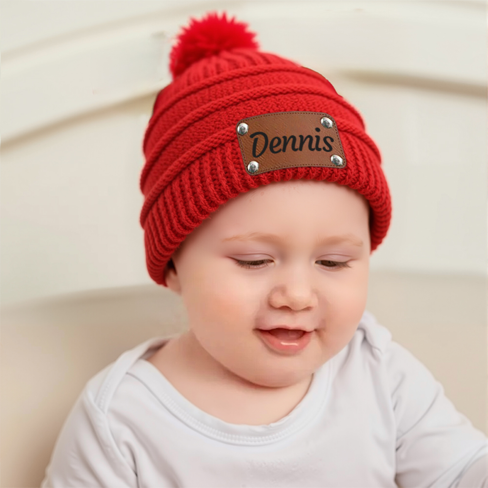Personalized Leather Patch Kid Colorful Pom Pom Hat | HSKid63
