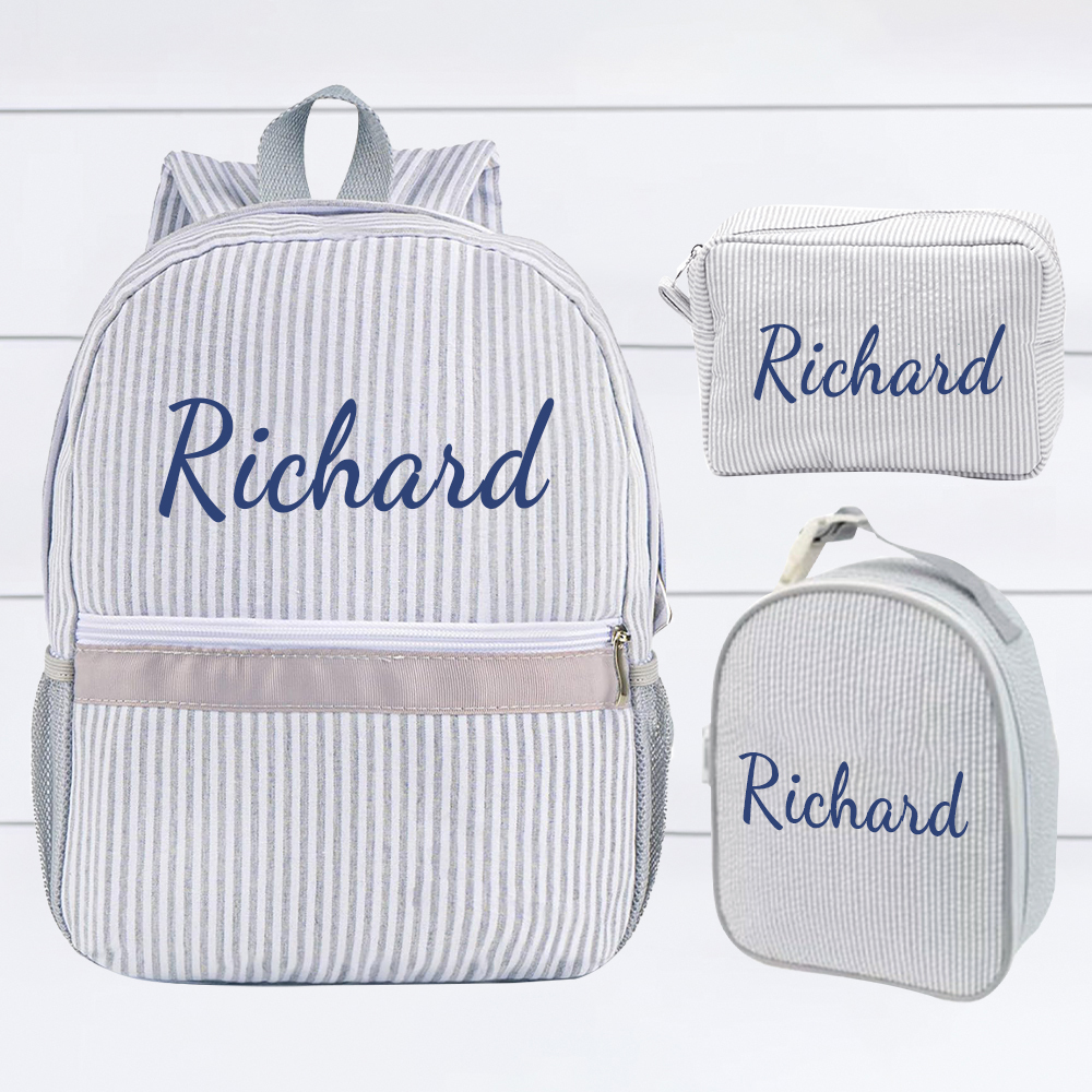 Personalized Chenille Patch Kids Seersucker School Backpack Set