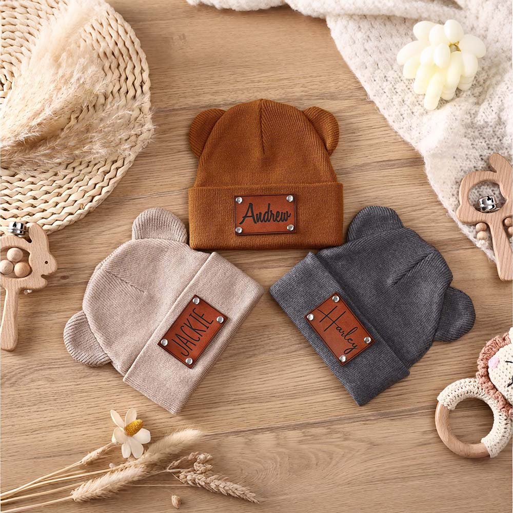 Personalized Leather Patch Kid Beanie Hat With Bear Ears | HSKid92