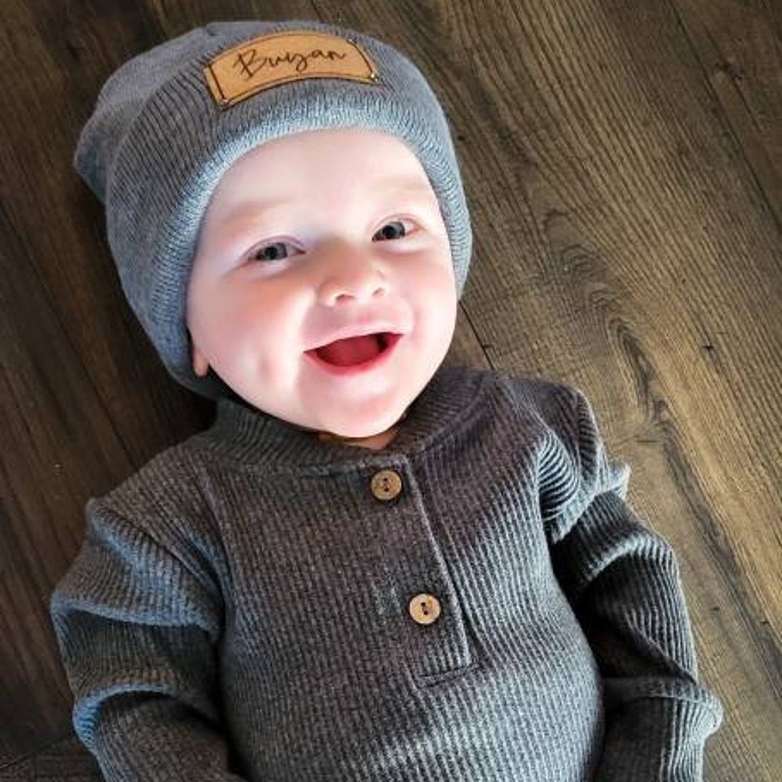 Personalized Leather Patch Baby Beanie Outfit Set | CWBaby84