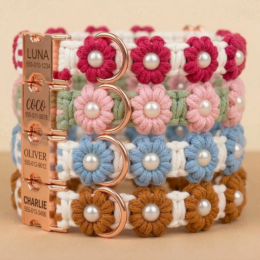 Personalized Handmade Macrame Flowers Pet Collar | BKPet457