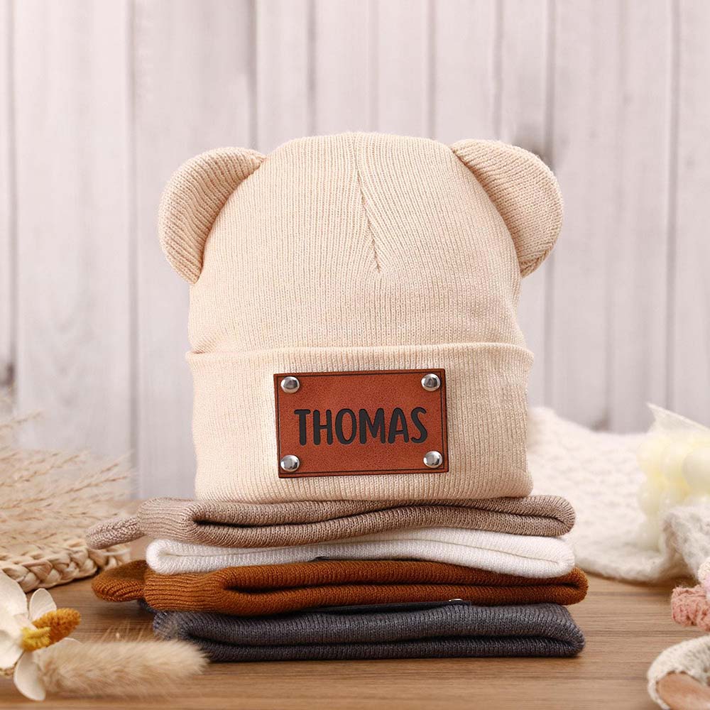 Personalized Leather Patch Kid Beanie Hat With Bear Ears | HSKid92