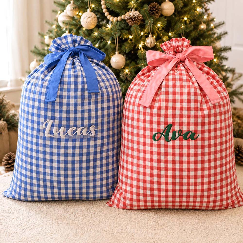Personalized Embroidered Gingham Santa Gift Bag | MCGift391