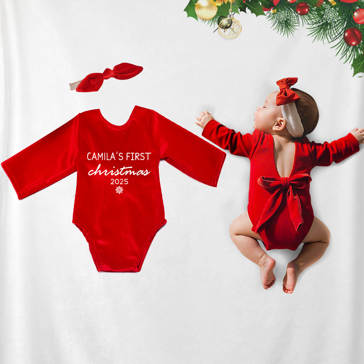 Personalized Newborn Girl Christmas Red Velvet Photo Outfit | MCGift151
