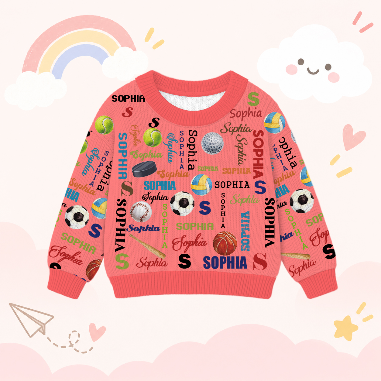 Personalized Lovely Kids Ball Sports Knit Sweater | CWSweater11