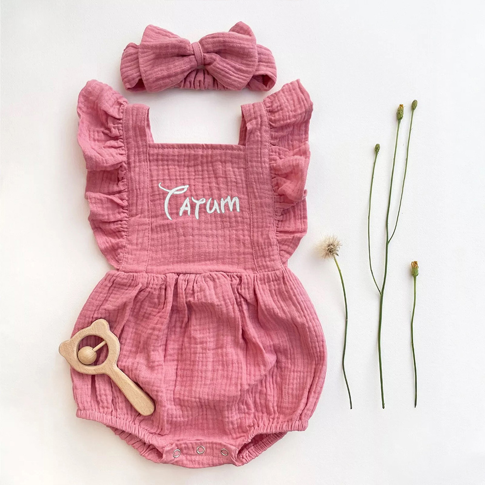 Personalized Embroidery Baby Organic Cotton Muslin Romper with Bow | inRomper35