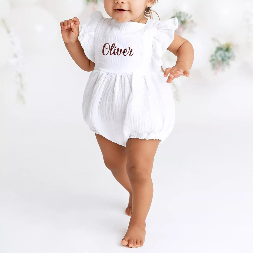 Personalized Embroidery Baby Organic Cotton Muslin Romper with Bow | inRomper35