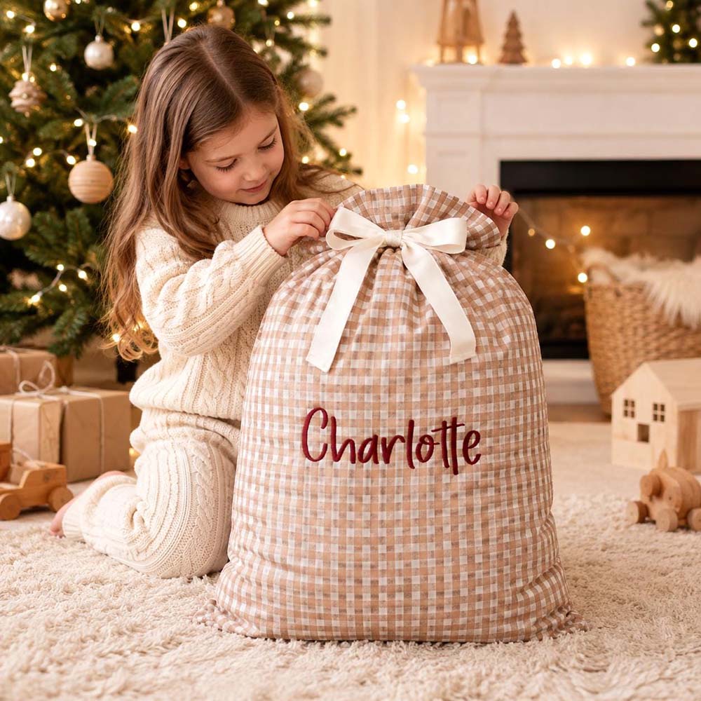 Personalized Embroidered Gingham Santa Gift Bag | MCGift391