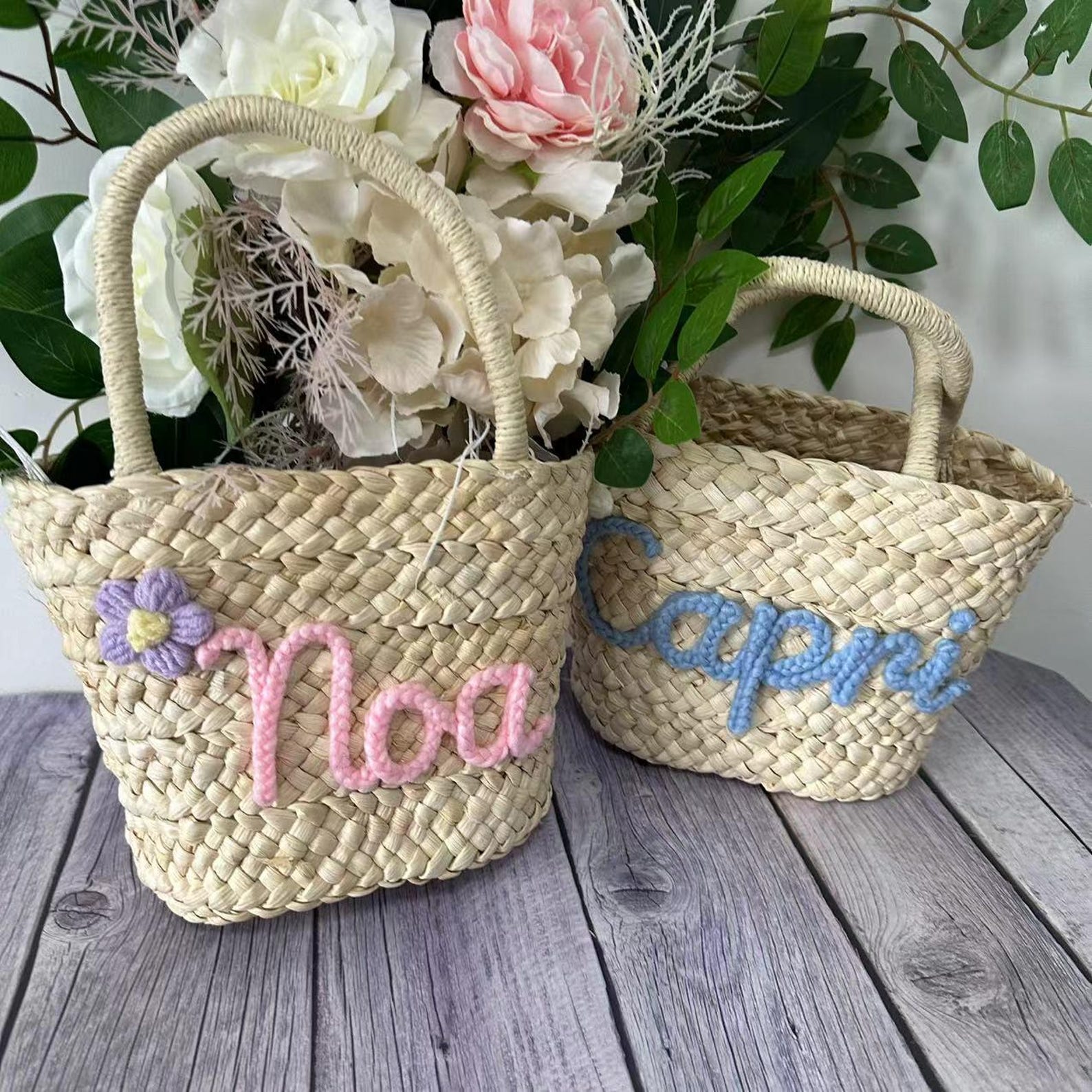Personalized Knitted Wire Name Floral Straw Beach Bag | CWBeach145