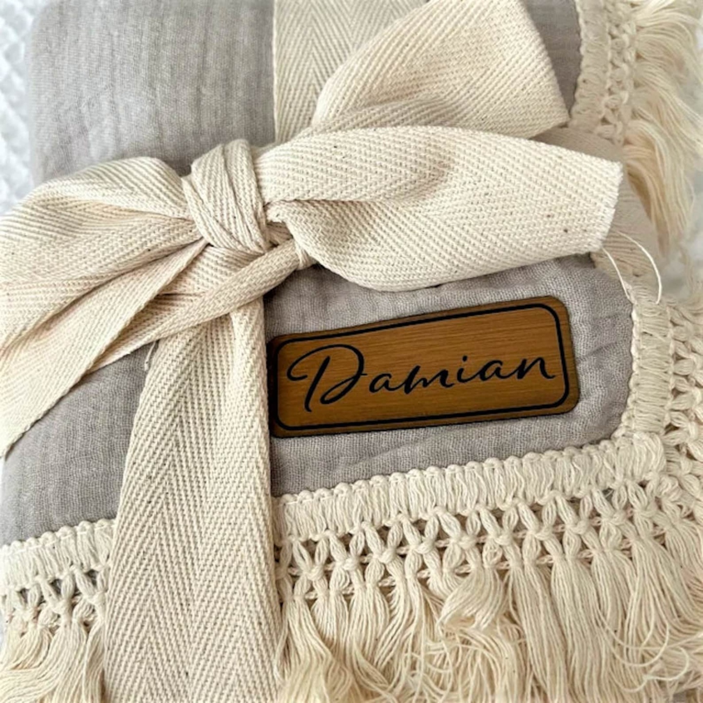 Personalized Fringe Leather Patch Baby Blanket | kkbaby18