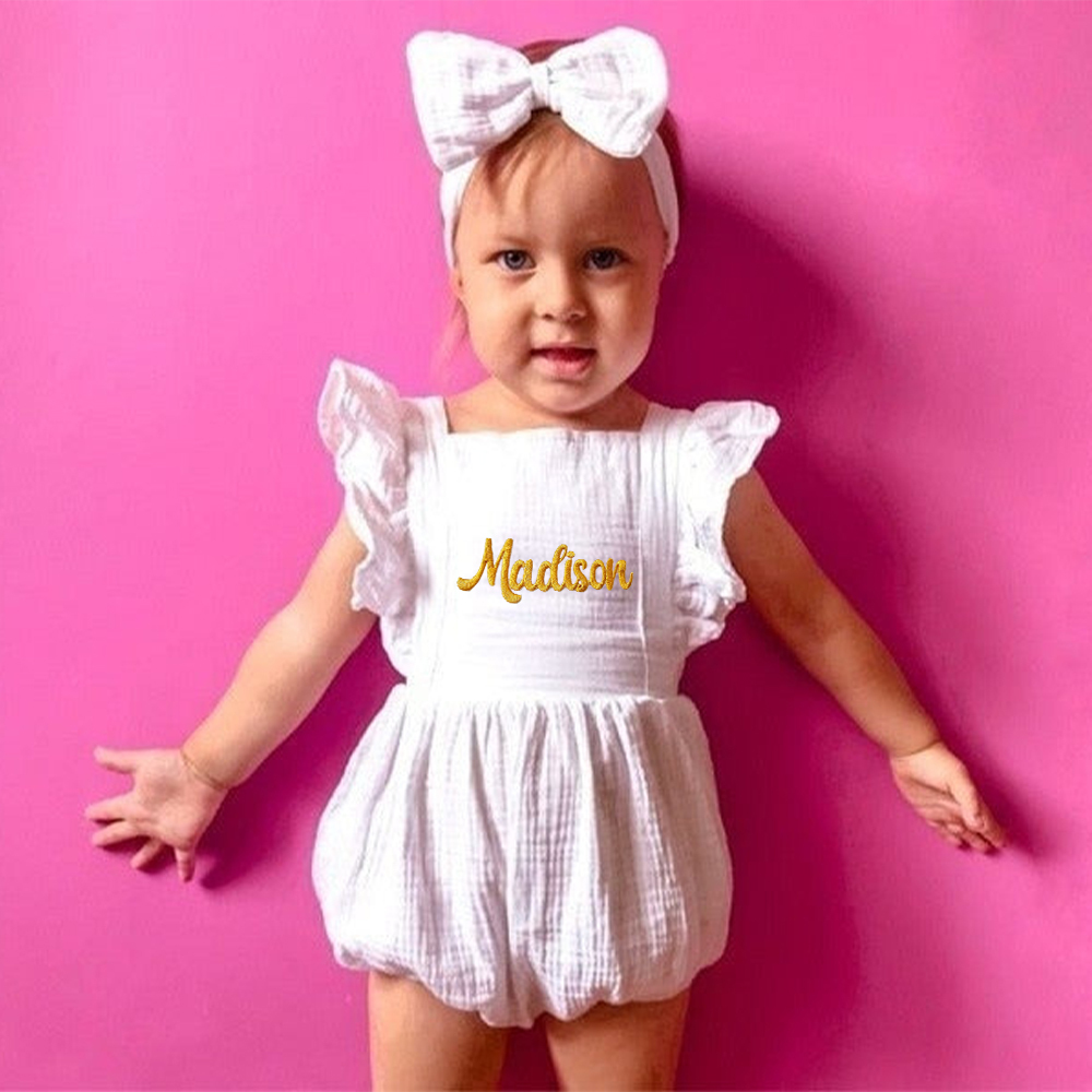 Personalized Embroidery Baby Organic Cotton Muslin Romper with Bow | inRomper35
