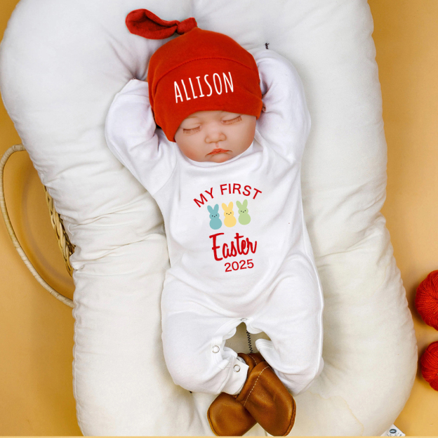Personalized Baby Lovely First Easter Ropmer and Hat Set | CWBaby181