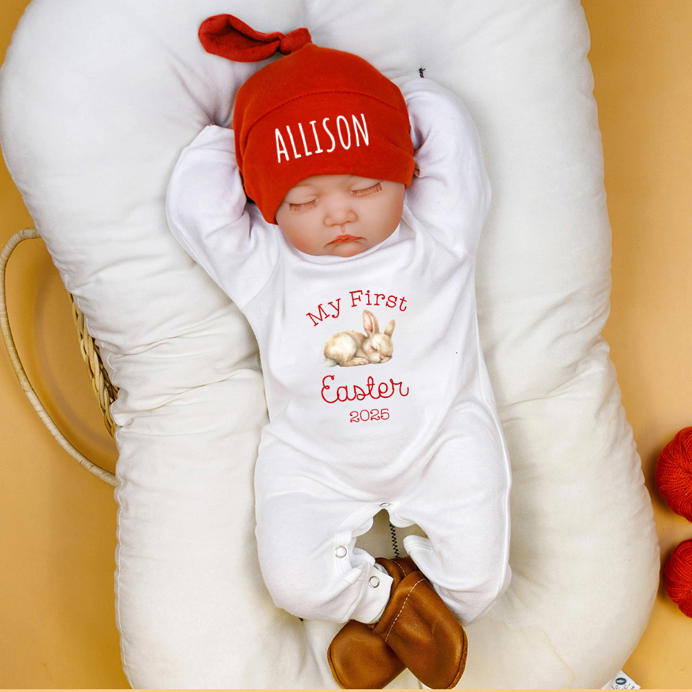 Personalized Baby First Easter Bunny Ropmer and Hat Set | CWBaby183