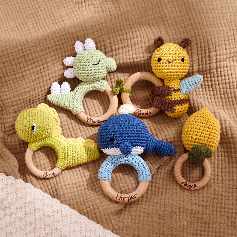Personalized Baby Handmade Crochet Wooden Rattle Ring | CWToy172