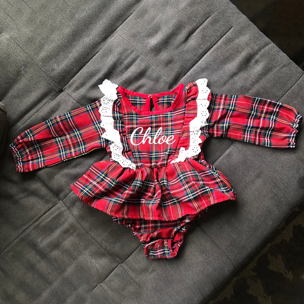Personalized Christmas Baby Girl Lovely Plaid Romper | MCGift365
