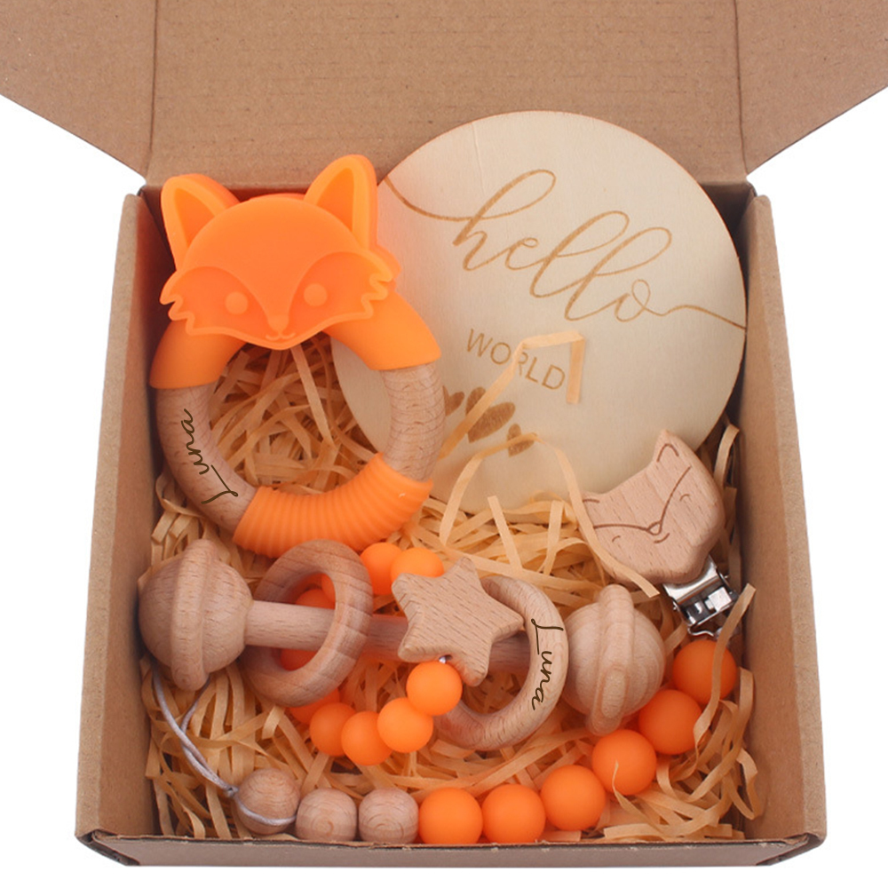 Personalized Baby Wooden Fox Pacifier Clip 4 Pcs Gift Set | CWBaby113