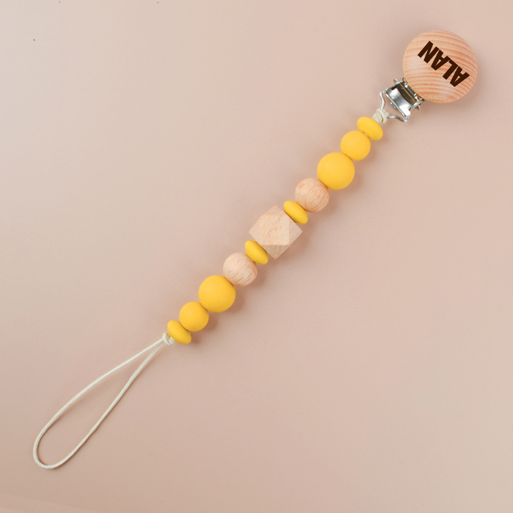 Personalized Baby Pacifier Silicone Wooden Bead Clip | CWBaby115