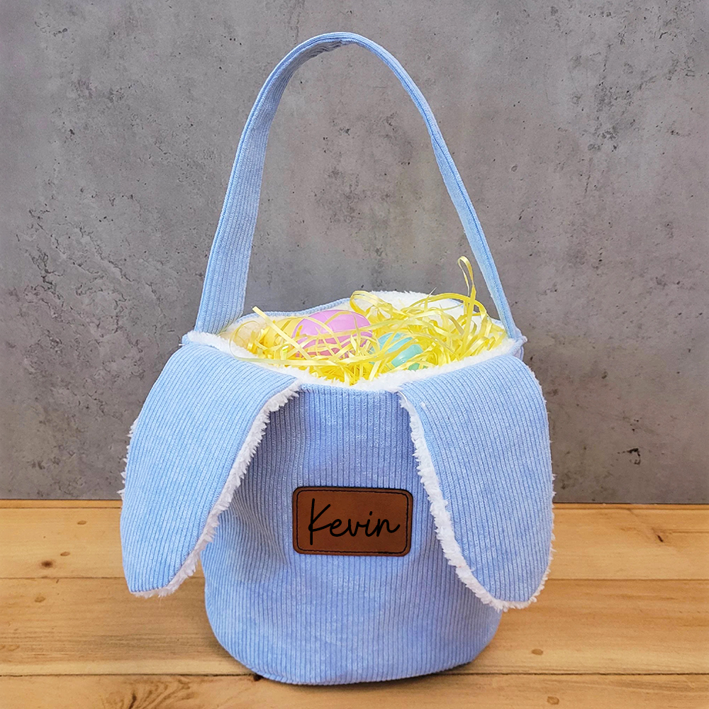 Personalized Leather Patch Corduroy Easter Bunny Basket | CWEaster4301