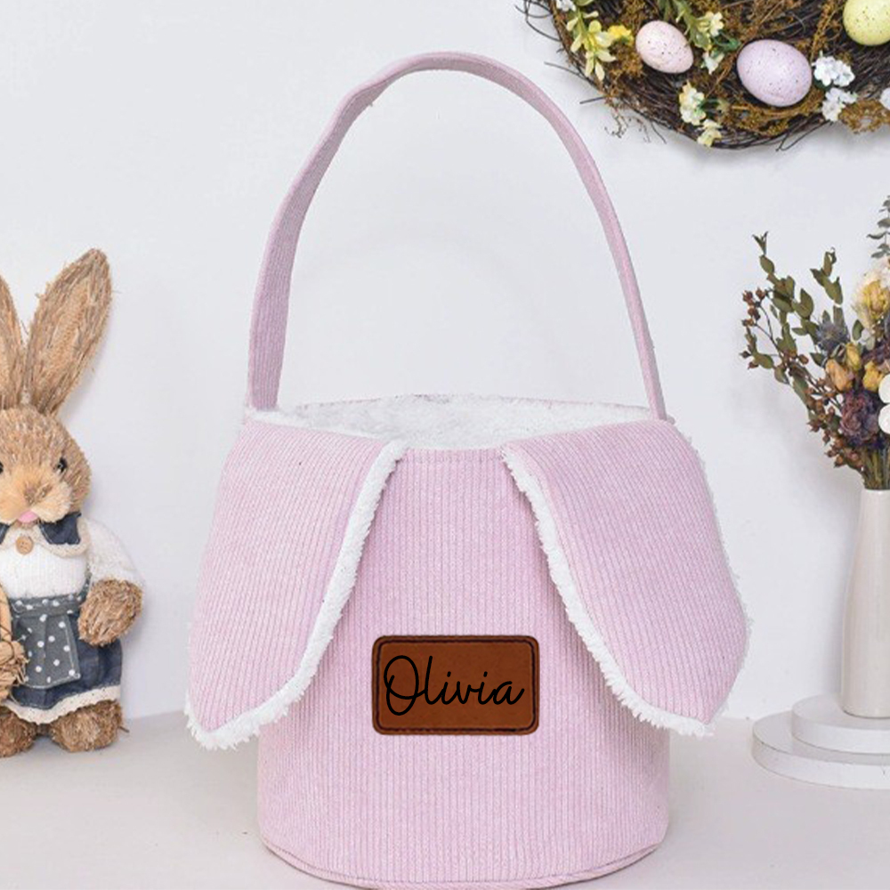 Personalized Leather Patch Corduroy Easter Bunny Basket | CWEaster4301