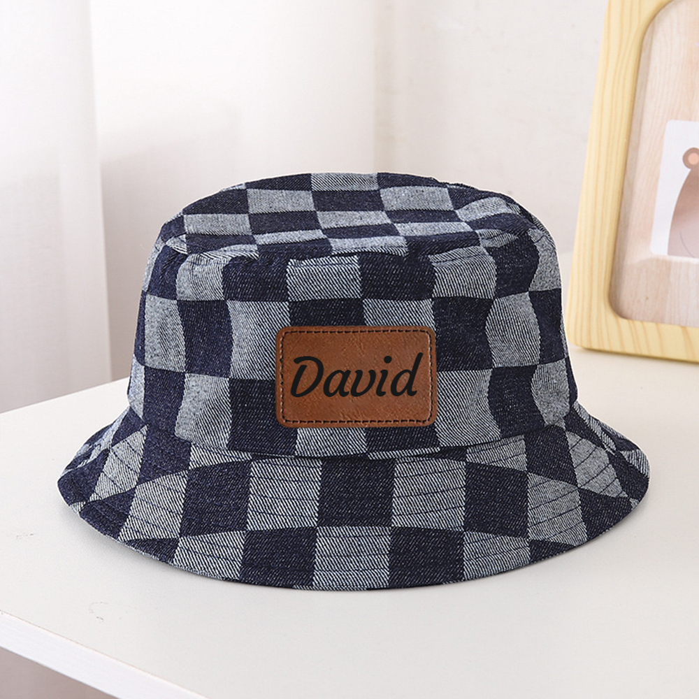 Personalized Leather Patch Checkerboard Denim Bucket Hat for Comfort & Unique | CWBeach175