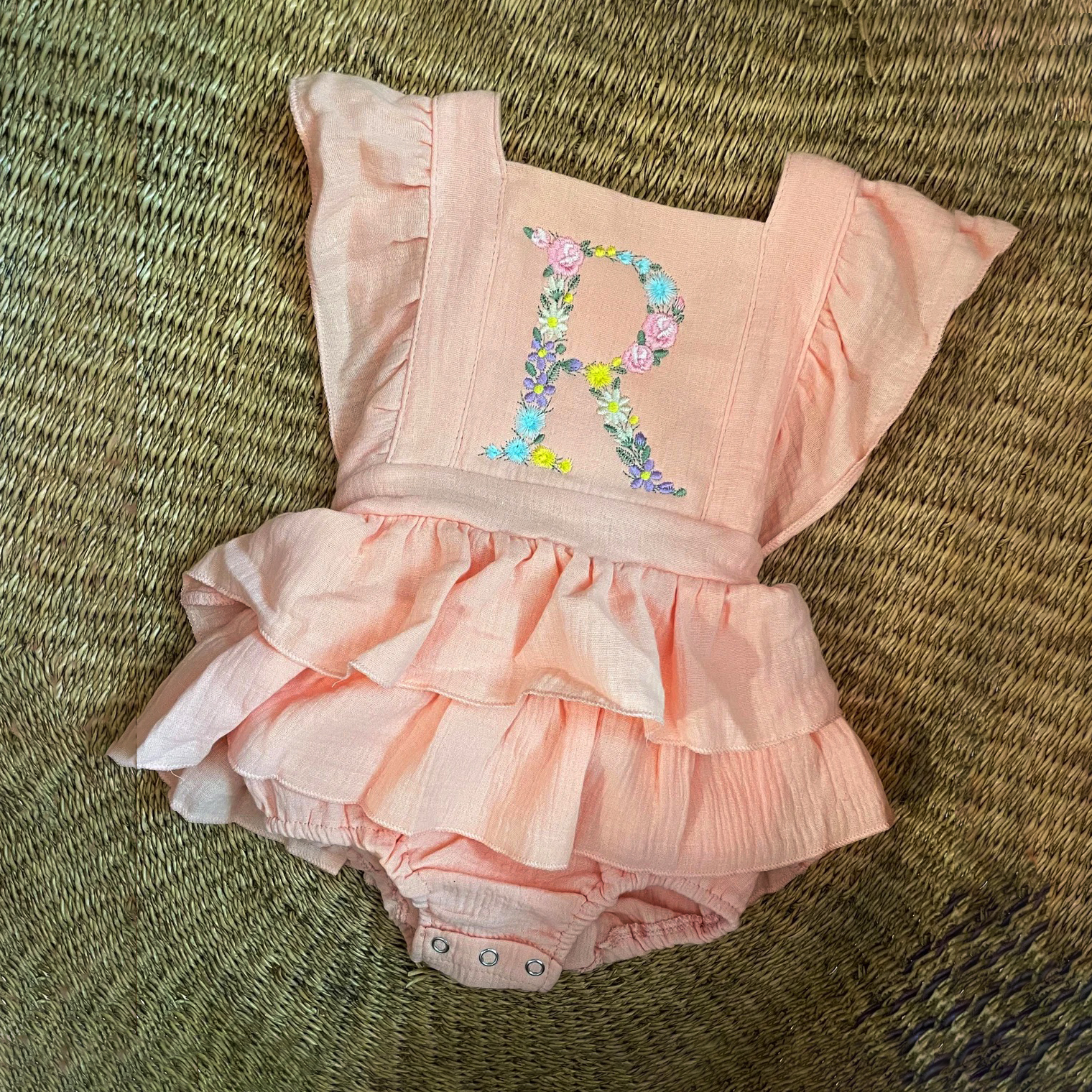 Personalized Embroidery Floral Name Ruffle Romper | CWBaby212