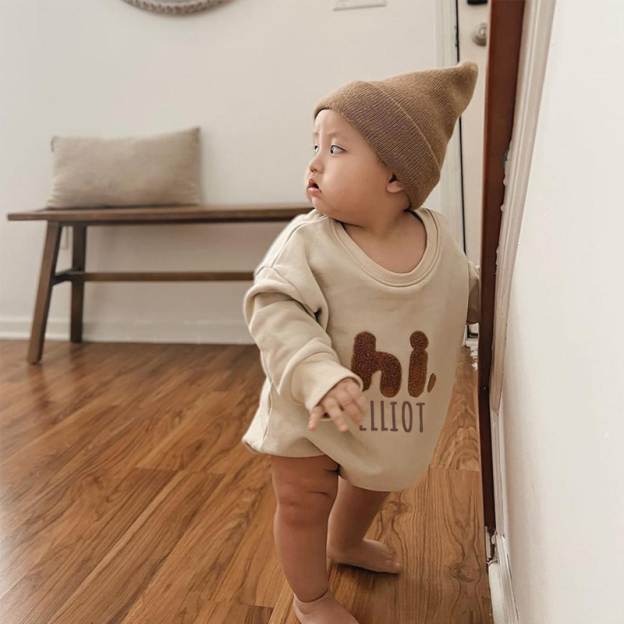 Personalized Kids Cozy SAY HI Sweatshirt Romper | inRomper14