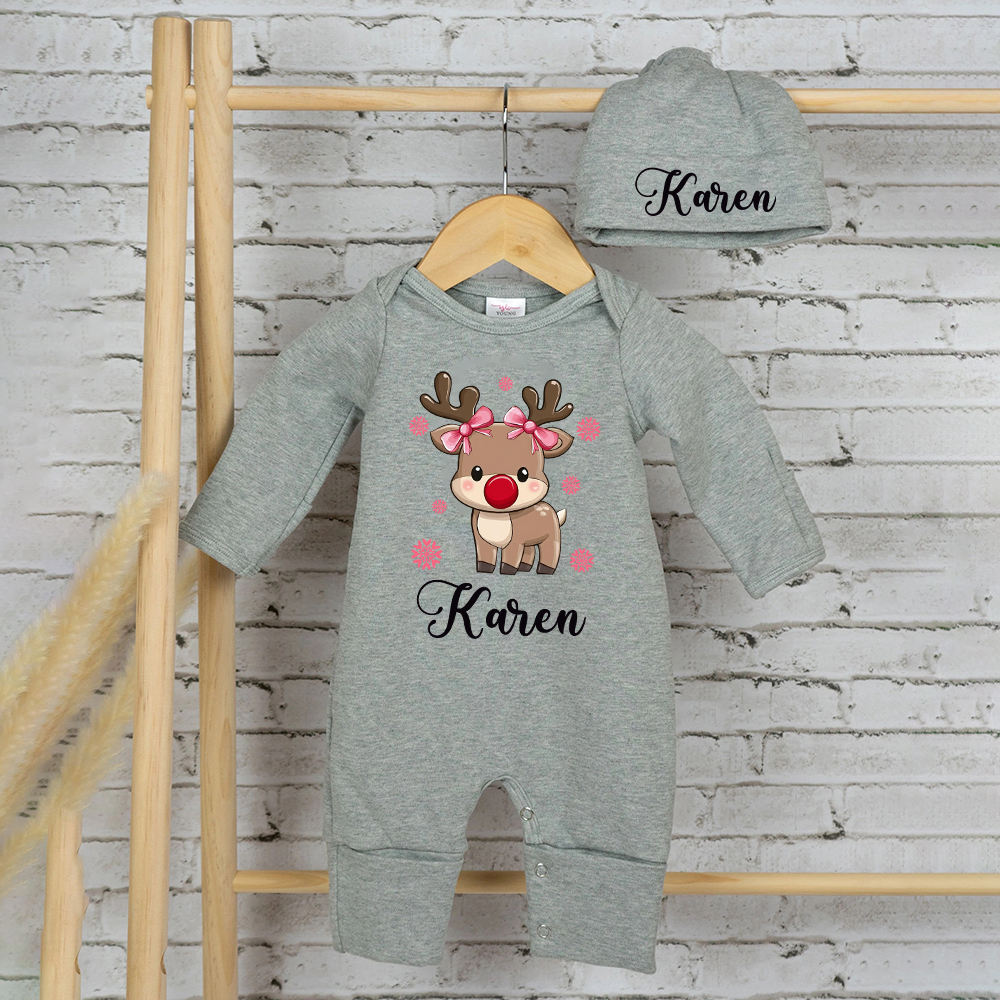 Personalized Baby Christmas Adorable Elk Romper and Hat Set | MCGift233