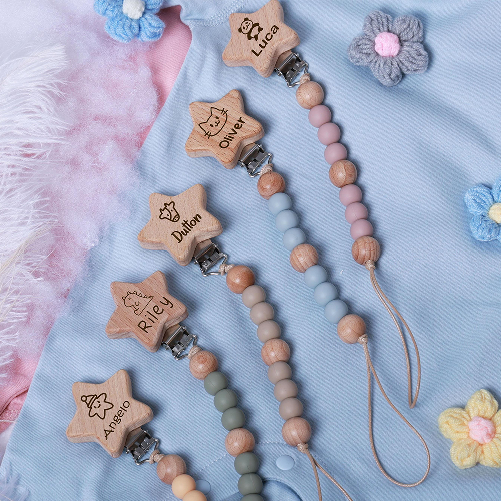 Personalized Baby Pacifier Silicone Wooden Bead Clip | CWToy130