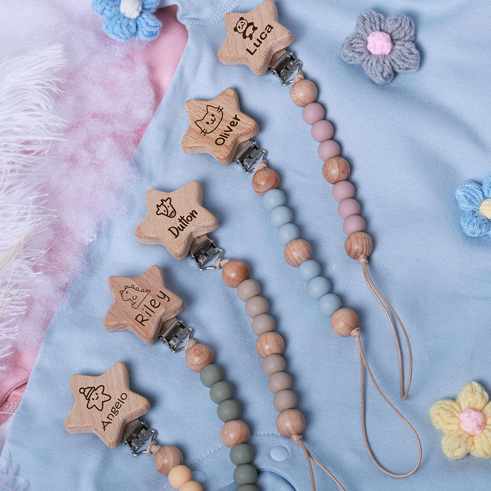 Personalized Baby Pacifier Silicone Wooden Bead Clip | CWToy130